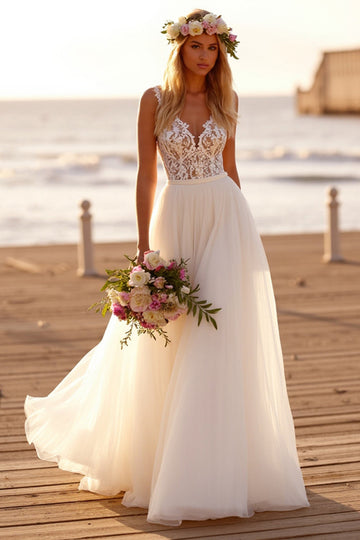 White Tulle Spaghetti Straps A Line Sweep Train Boho Wedding Dress with Lace